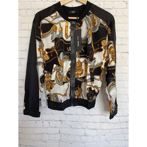 Uniq Jackets & Blazers - UNIQ Black, White & Gold Faux Silk Jacket Size Medium NWT